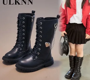 Girls Knee-High Boots Winter Boots For Kids Beige Metal Chain Flat Non-slip Boots Girl Princess High Boots