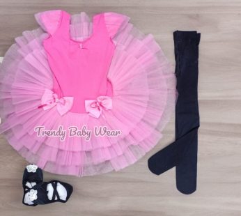 Complete Ballet Set Hot Pink Short Sleeve Ballet Tutu Dance Dress With Shoes and Ballet Stockings