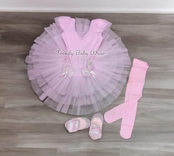 Complete Ballet Set Baby Pink Girls Short Sleeved Ballet Tutu Dance Wear Dress with Shoes and Stockings