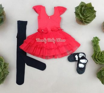 Red Short Sleeve Ballet Tutu Dance Dress With Shoes and Ballet Stockings