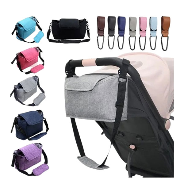 Baby-Stroller-Organizer-with-Insulated-Cup-Holder Stroller organizer bag with cup holders and storage compartments, shown attached to a stroller