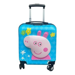 blue travelling suitcase with peppa pig picture