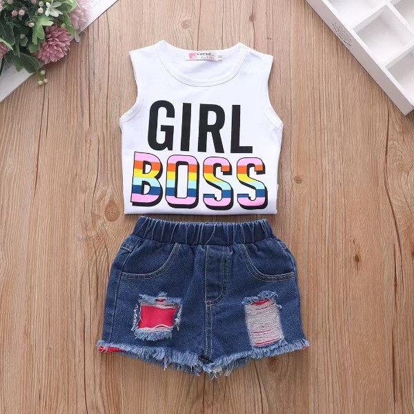 girl boss trendy short set-Photoroom Child wearing Trendy Baby Wear New Arrival Summer Two-Piece Birthday Set