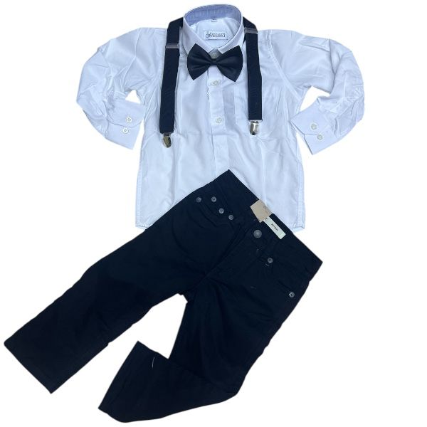 black bowtie black suspender white shirt black pants