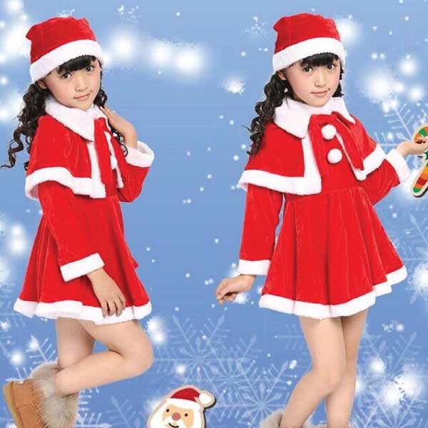 Kids-Santa-Christmas kids santa costume for girls red christmas dress set with cape and hat