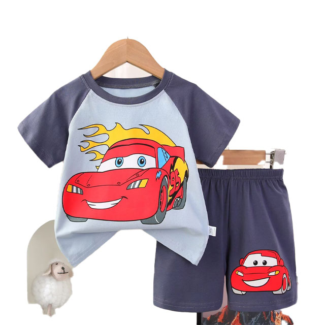 Racing-Car-Cartoon-T-Shirt-and-Shorts-Set-for-Kids Racing Car Shorts Set for Kids in Grey and Light Blue